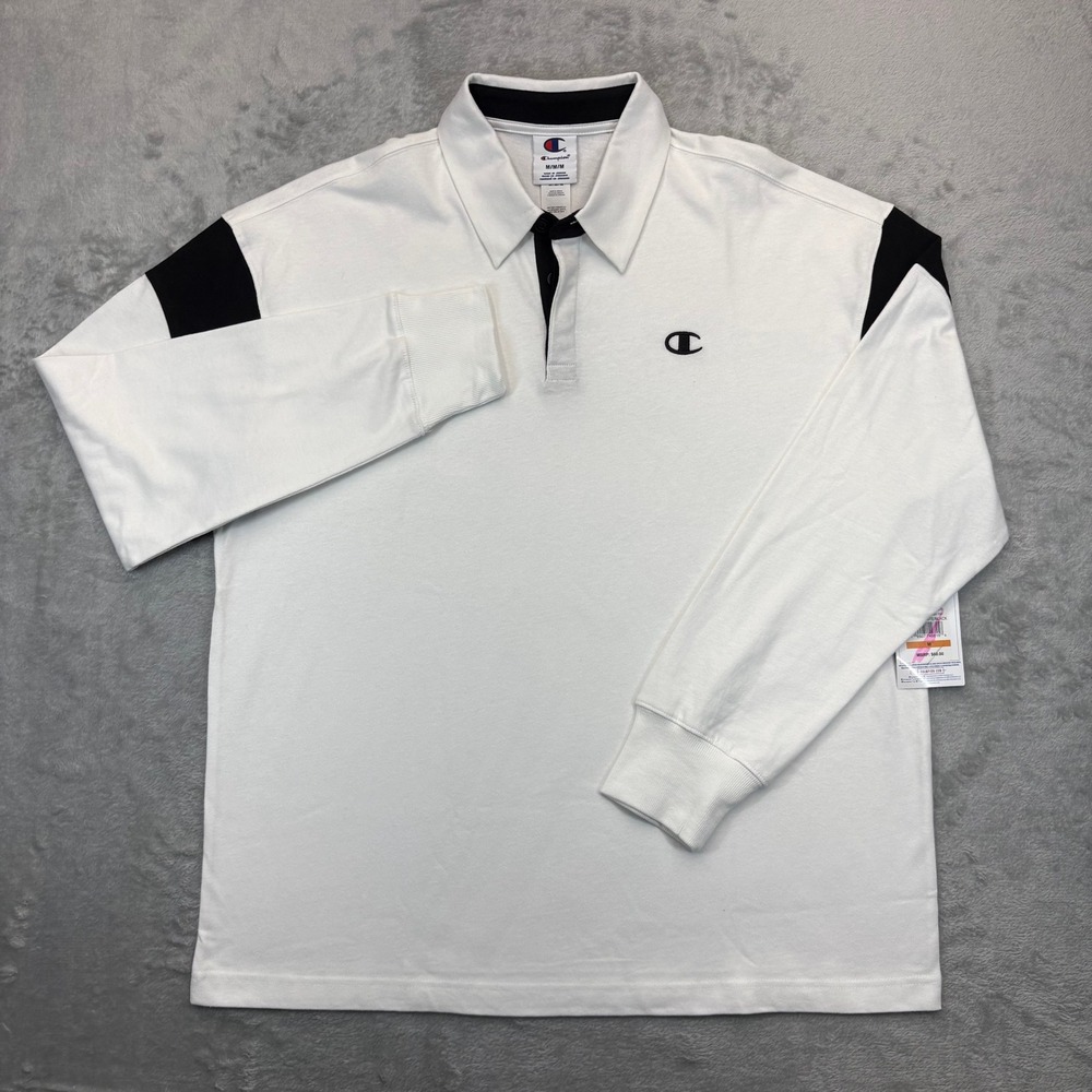 Champion Mens Long Sleeve Rugby Top White Black Medium NWT